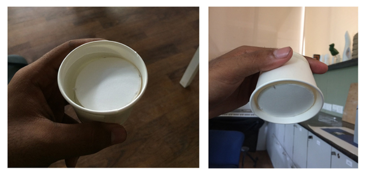 An early prototype of the spillproof paper cup.