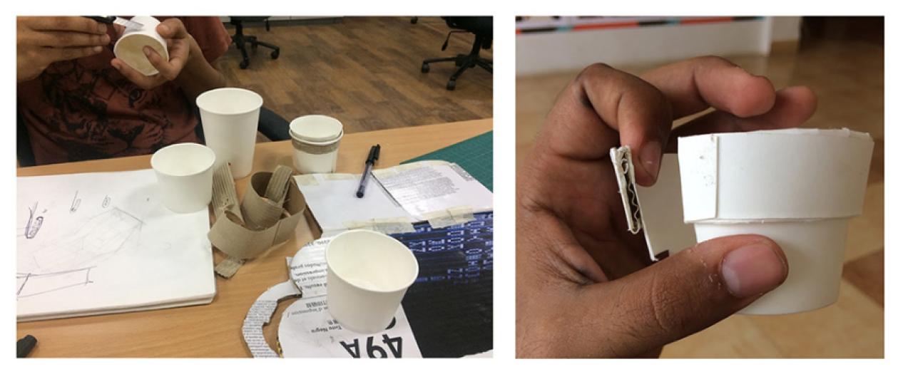 An early prototype of paper cups that make use of the currugation technique that makes the top of the cup sturdy and easy for the users to grip without deforming the cups.