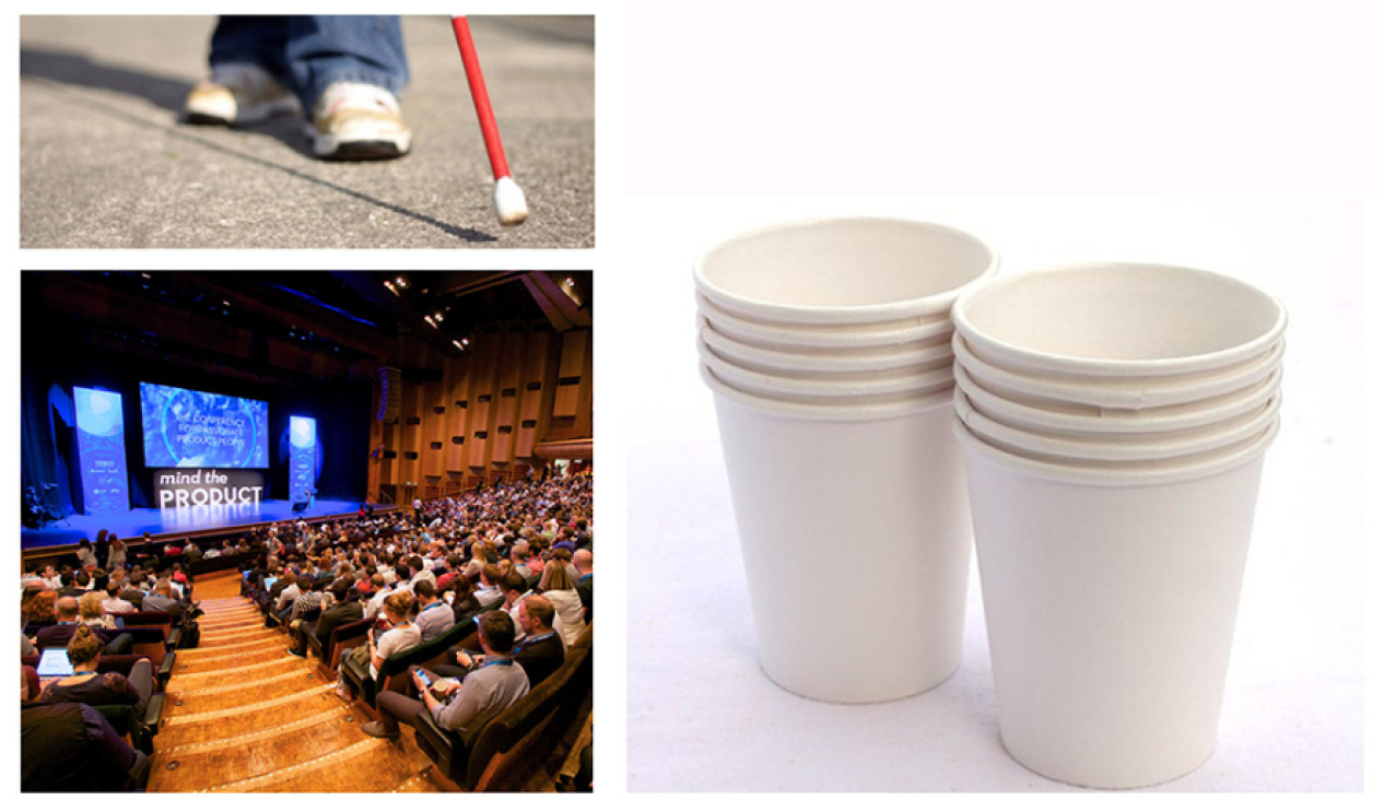 A set of images showcasing the setting of the problem, a visually impaired person, a conference hall, and a stack of paper cups.